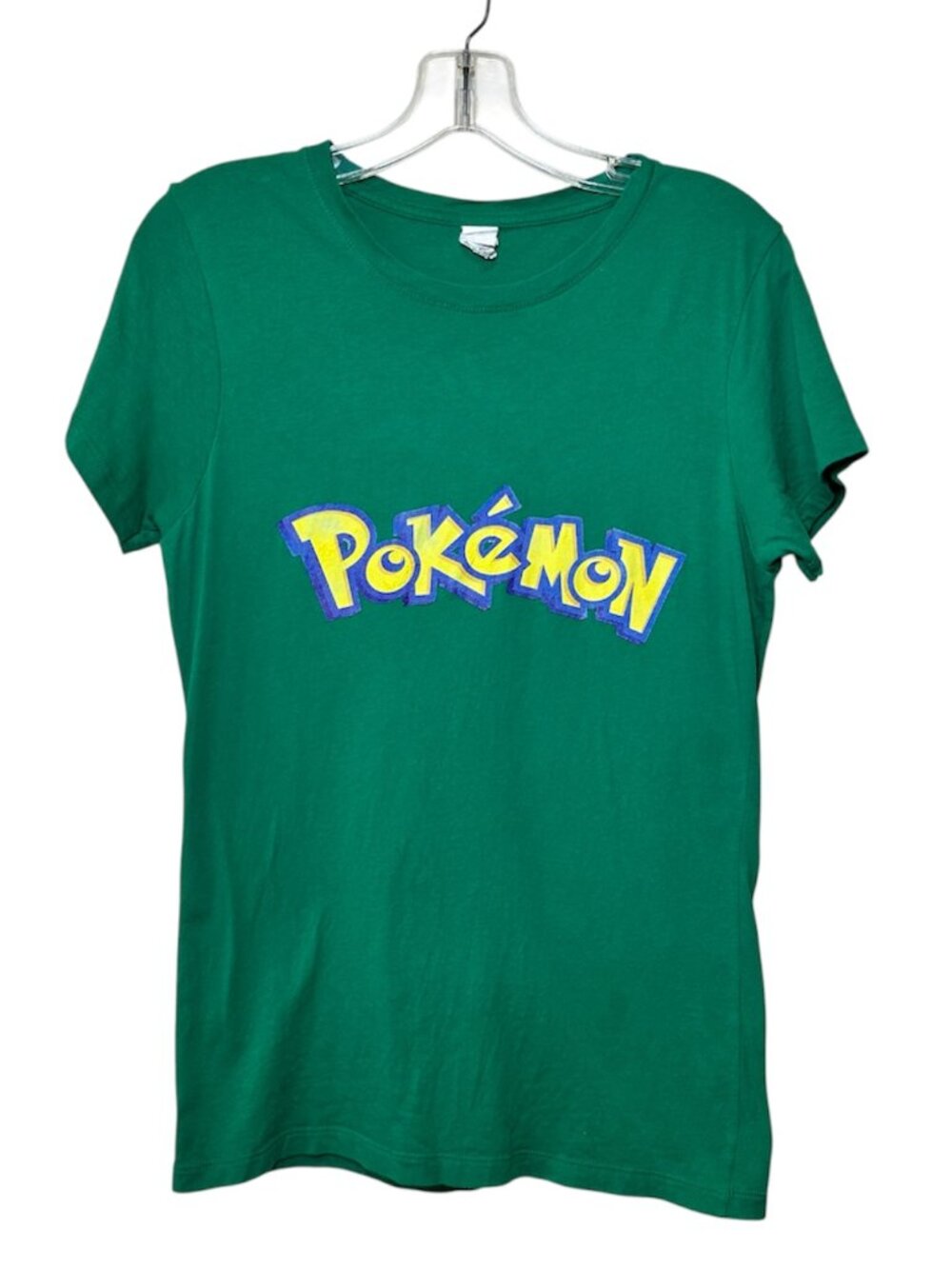 Vintage Pokemon Logo T-Shirt Women's Size L Green Blue Yellow Cap Sleeve